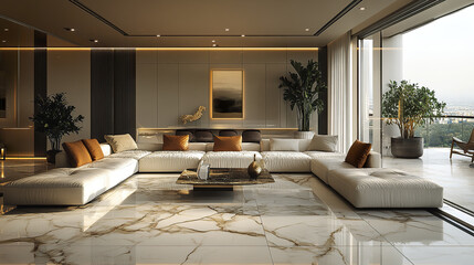 Sophisticated interior design featuring polished marble floor and elegant furnishings