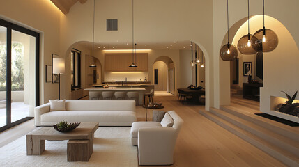 Fototapeta premium Sophisticated living space with modern design, featuring elegant furniture and warm lighting