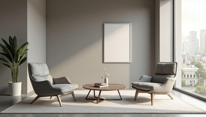 Modern Minimalist Living Room with Gray Chairs and City Views