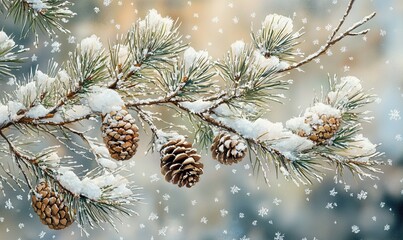 A close-up of snow-covered pine branches 
