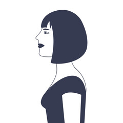  Woman in profile with bob haircut and dress, vector illustration.