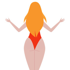 Back view of red-haired woman in swimsuit, vector illustration.