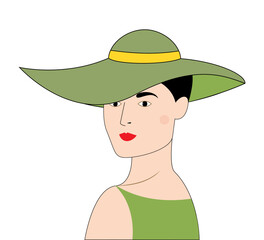 Woman with green wide hat and red lips, vector illustration.