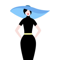 Stylish woman in black dress with blue hat, vector illustration.