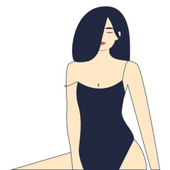Dark-haired woman in black swimsuit sitting, vector illustration.