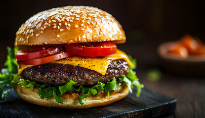Indulge in a Delicious Smoky Cheeseburger made with Fresh Ingredients and Great Flavors. A mouthwatering cheeseburger with smoke, fresh lettuce, and a tasty sesame bun, perfect for food lovers