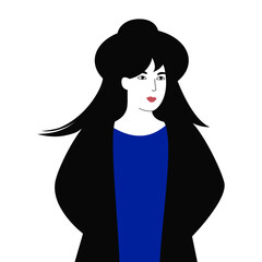 Woman with long black hair in blue dress, vector illustration.