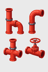 Set of red industrial pipes vector elements. Pipeline constructor kit for plumbing systems. Includes valve, elbow, tee, and cross joints. Cartoon details for gas, water, or fire safety.