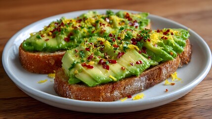 Deliciously prepared avocado toast topped with spices and herbs, set on a wooden table background