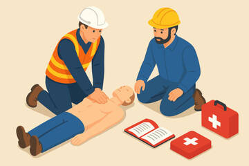 Workplace safety training with construction workers learning first aid. Men in hard hats practice CPR chest compressions. Emergency medical assistance and resuscitation concept.