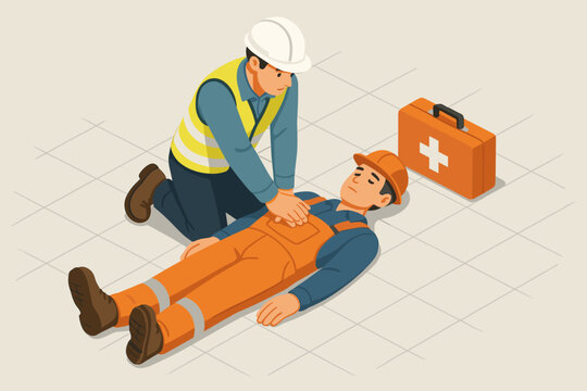 First aid training at a construction site. Worker performing CPR, cardiopulmonary resuscitation, on an unconscious colleague. Workplace safety concept with emergency medical rescue.