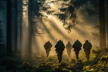 Soldiers marching in the forest. They are friends and they are strong. The sun is shining and it makes the forest nice.
