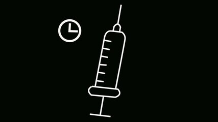 White line Syringe icon isolated on black background. Syringe for vaccine, vaccination, injection, flu shot. Medical equipment. 4K Video motion graphic animation