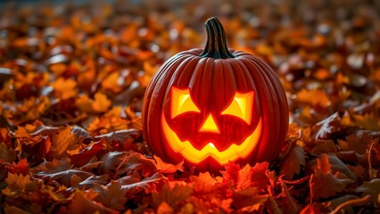 A glowing pumpkin-shaped Jack-o'-lantern stands on autumn leaves. The warm glow creates a festive and cozy atmosphere. Perfect for Halloween and autumn themes.