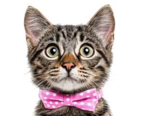 Cute cat with pink polka dot bowtie, showcasing curious expression against transparency background. This adorable feline is perfect for pet themed designs or marketing materials