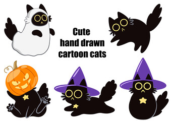 Cute cartoon characters isolated. Cartoon hand drawn cats on transparent.