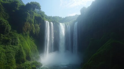 Fototapeta premium Majestic Waterfall Cascading Through Lush Greenery