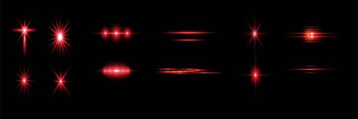 Red light effect reflections, neon illumination in red colors. Bright light lens. Police light effects, lines. Shiny stars, glowing sparks on a black background. Vector