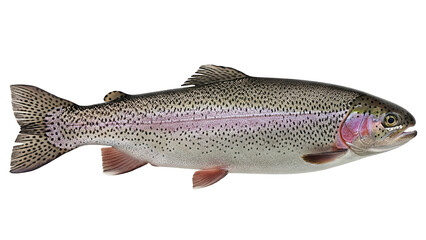 Obraz premium Realistic photo of a rainbow trout with silvery body, pink lateral stripe, and speckled skin, fully visible in frame, isolated on a transparent background