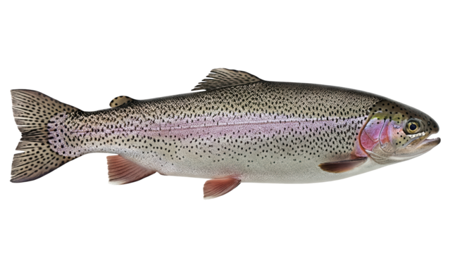 Realistic photo of a rainbow trout with silvery body, pink lateral stripe, and speckled skin, fully visible in frame, isolated on a transparent background