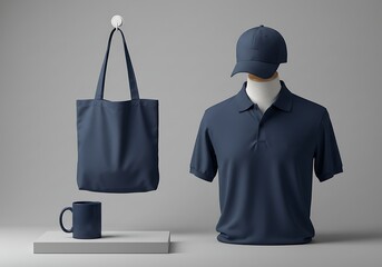 Navy Blue Branded Merchandise Mockup: Polo Shirt, Tote Bag, Cap,