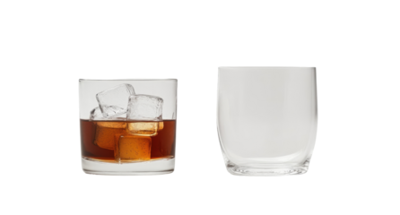 Two clear glass tumblers; one filled with ice and amber liquid
