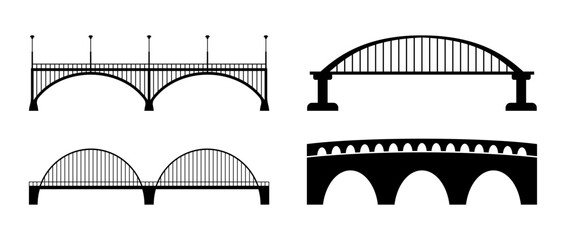 Set of automobile bridges. Collection of different types of bridges. Architectural connecting structures symbols in a flat style. Bridge icon for web, applications, UI. Vector illustrations EPS10