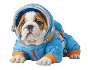 Bulldog puppy dressed in blue astronaut costume, showcasing cute and adventurous spirit. puppy expressive eyes and adorable outfit create delightful and whimsical scene
