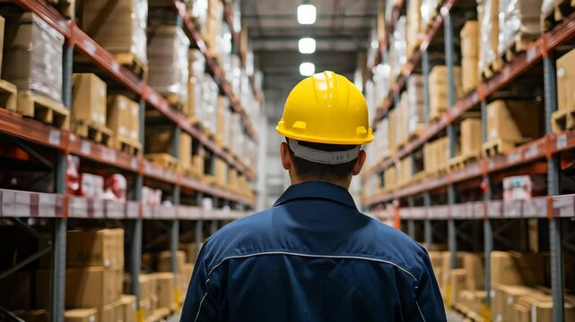 A man in a yellow hard hat walks through a large warehouse with shelves piled high with boxes. Industrial storage and logistics concept.