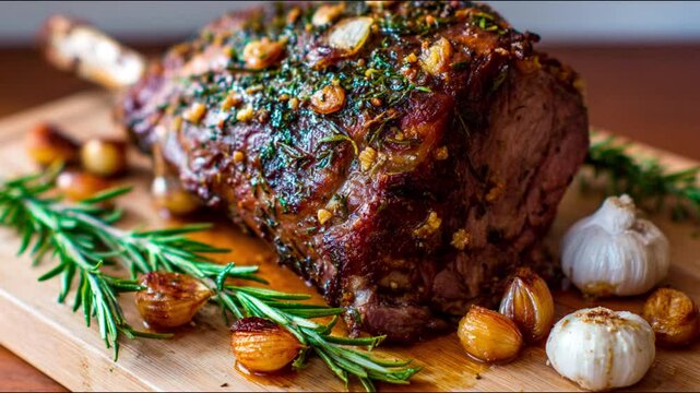 Roasted leg of lamb with garlic and rosemary.