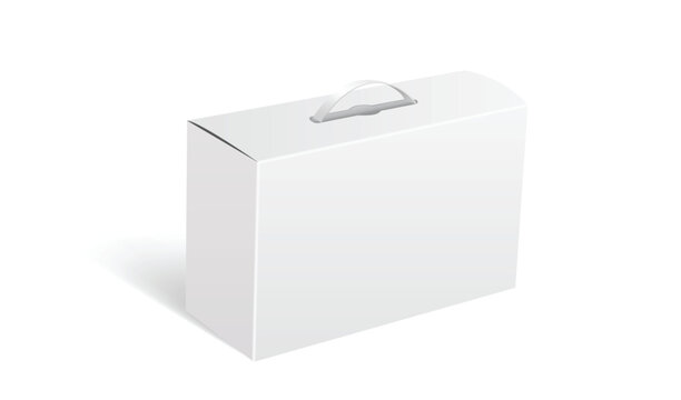 3d white gift packaging box with handle mockup for cake or food. Rectangle paperboard packaging container on white background for branding promote