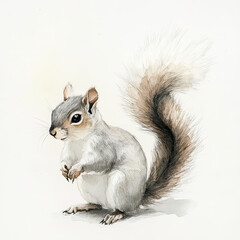 Obraz premium A charming watercolor painting of a gray squirrel perched, featuring its bushy tail and attentive eyes, against a soft, light background.