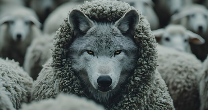 Extreme close-up of a white wolf in sheep or lamb costume looking at camera in a flock of sheep. Concept of disguise to deceive, defraud, cunning predator in search of his favorite prey. Generative Ai