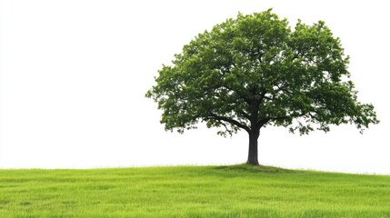 Fototapeta premium Lone tree, green field, white sky, spring, nature, environmental poster