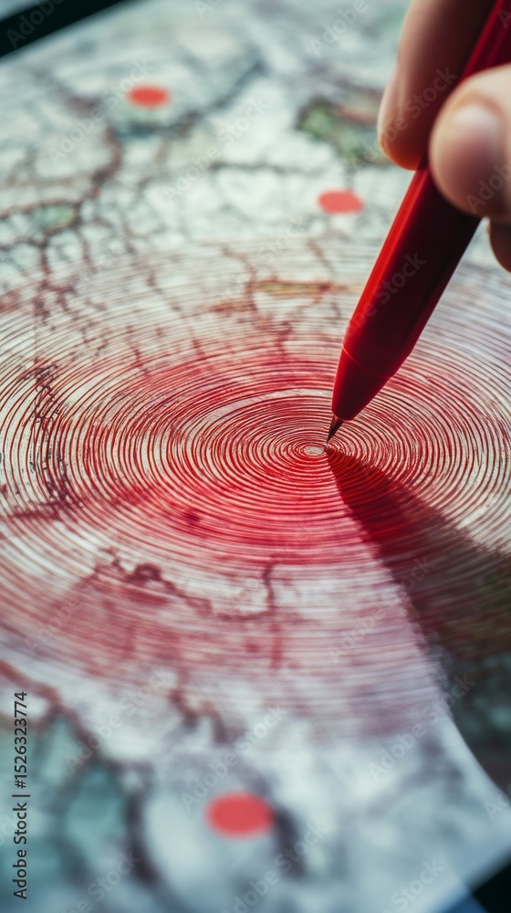 Poster Geologist is using a red pen to draw concentric circles representing seismic waves expanding from the epicenter of an earthquake on a blurred map with other highlighted points