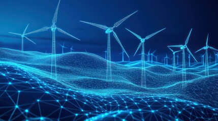 Digital wind farm energy landscape, night, renewable