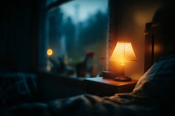 Obraz premium Bedside lamp glowing softly in a dark room creating warm ambient lighting