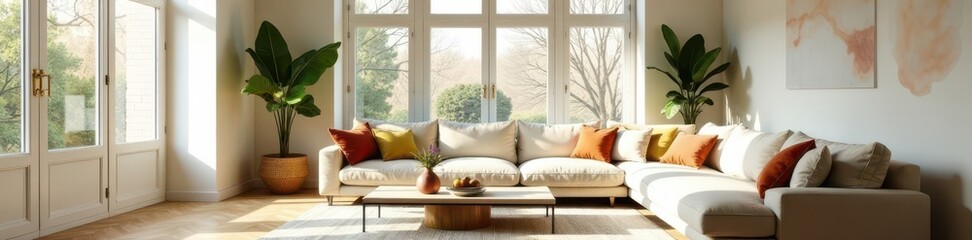 Bright Parisian living room, minimalist style, natural light, calm, furniture