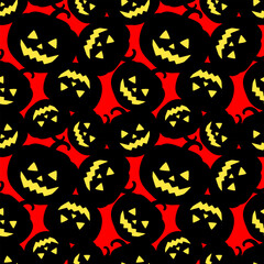 Black silhouettes of pumpkins on a bright red background. Seamless Halloween pattern, print, vector illustration