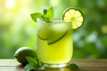 Mojito cocktail with lime. Iced lime juice. Summer, health, freshness, hydration, and citrus beverages concept
