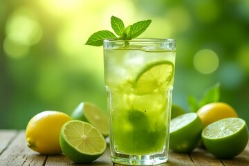 Mojito cocktail with lime. Iced lime juice. Summer, health, freshness, hydration, and citrus beverages concept