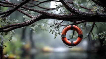 A lifebuoy stuck in tree branches, symbolizing survival out of reach.