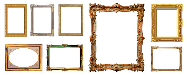 A collection of luxurious vintage golden frames with ornate baroque and rococo designs. For photo decoration, art presentation, certificates, wedding invitations, and classic interior design.