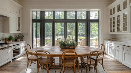 Fototapeta premium spacious dining room featuring wooden oval table surrounded by chairs, with large windows