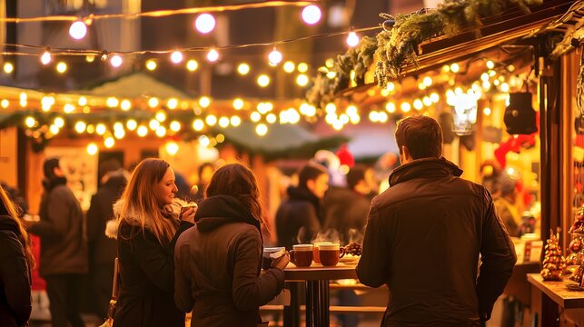 Vibrant outdoor market scene with diverse people engaging in shopping and socializing activities