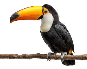 Obraz premium Vibrant toucan perched on branch, showcasing its striking yellow and black beak. This colorful bird is known for its unique appearance and playful demeanor, making it captivating subject
