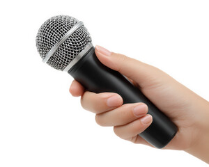 Person holding microphone in hand, showcasing close up view of device. microphone is designed for interviews or performances, emphasizing its sleek and modern appearance