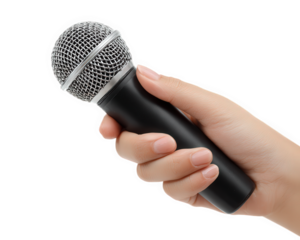 Person holding microphone in hand, showcasing close up view of device. microphone is designed for interviews or performances, emphasizing its sleek and modern appearance
