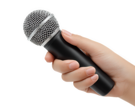 Person holding microphone in hand, showcasing close up view of device. microphone is designed for interviews or performances, emphasizing its sleek and modern appearance