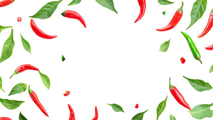 Red chili peppers and green leaves scattered